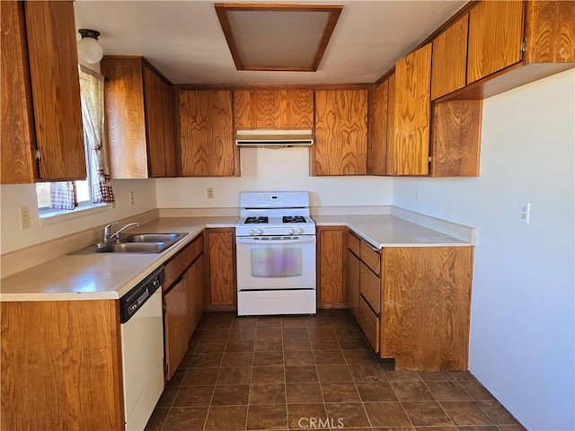 kitchen with white appliances, brown cabinetry, light countertops, ventilation hood, and a sink