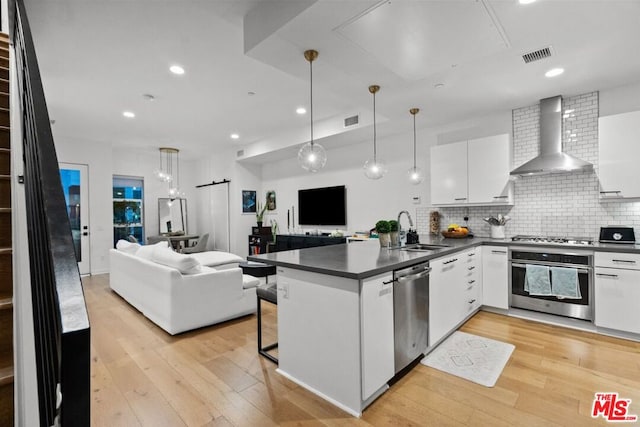 kitchen with sink, appliances with stainless steel finishes, white cabinets, a barn door, and wall chimney exhaust hood