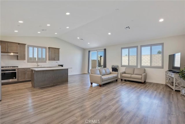 living room with plenty of natural light, vaulted ceiling, and light hardwood / wood-style flooring