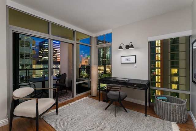 home office with hardwood / wood-style floors and a wall of windows