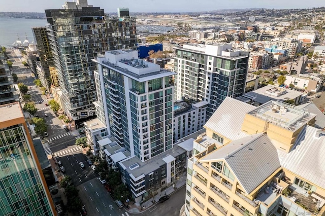 birds eye view of property featuring a water view