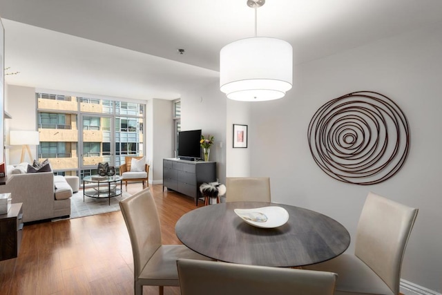 dining room with wood-type flooring and floor to ceiling windows