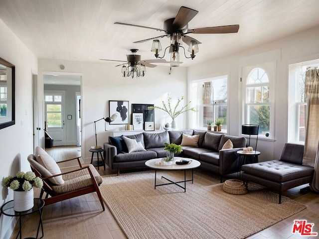 living room featuring ceiling fan and light hardwood / wood-style flooring