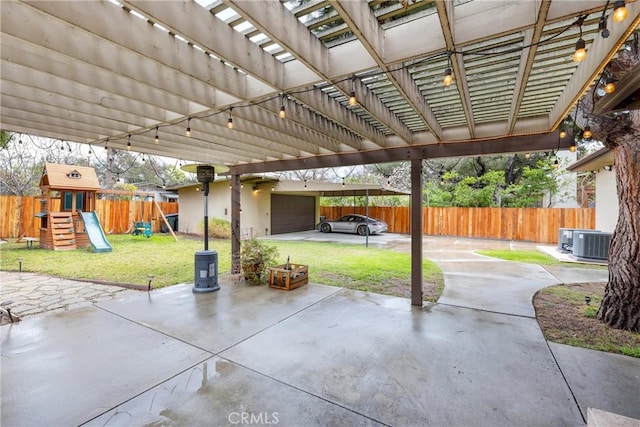 view of patio / terrace with a playground, a pergola, and central air condition unit