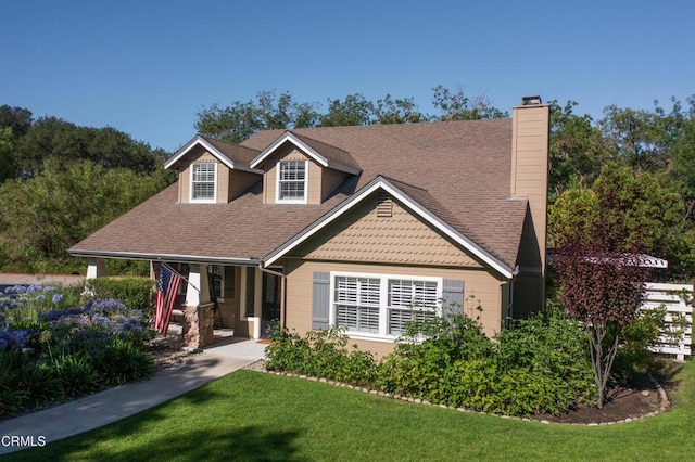 view of front facade featuring roof with shingles, a chimney, and a front yard