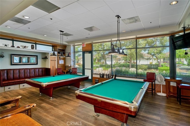 rec room featuring billiards, wood-type flooring, and a drop ceiling