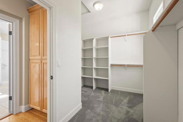 spacious closet featuring dark colored carpet