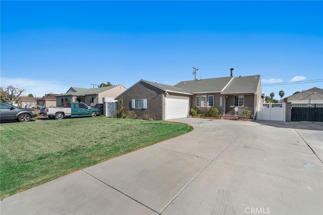 single story home with a garage and a front lawn