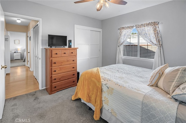 carpeted bedroom with ceiling fan