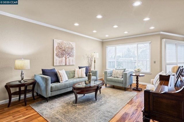 living room featuring ornamental molding and hardwood / wood-style floors