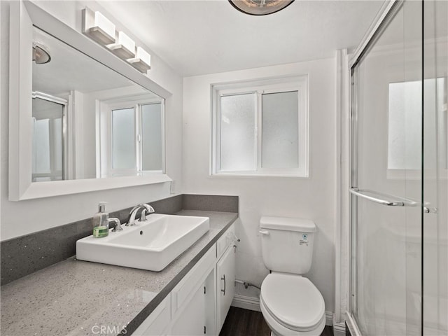 bathroom with toilet, vanity, and a shower with shower door