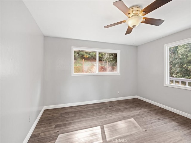 empty room featuring wood-type flooring and ceiling fan