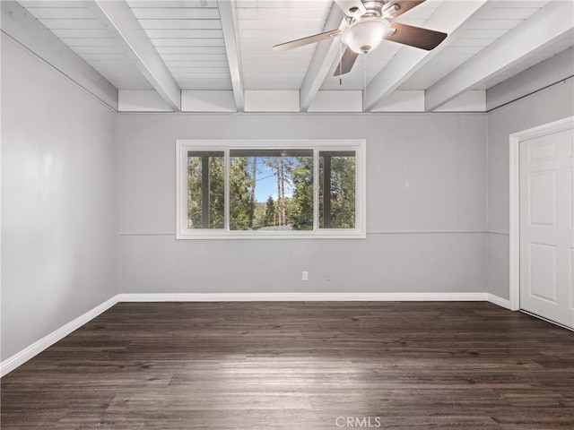 empty room with dark wood-type flooring, ceiling fan, and beamed ceiling