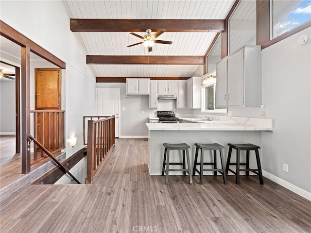 kitchen featuring vaulted ceiling with beams, stainless steel range with electric stovetop, kitchen peninsula, ceiling fan, and white cabinets