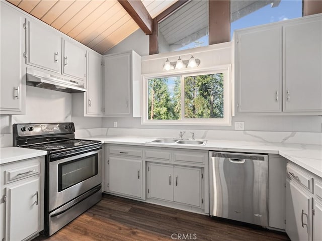 kitchen with sink, dark wood-type flooring, stainless steel appliances, lofted ceiling with beams, and white cabinets