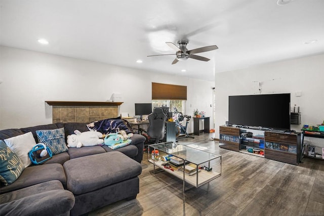 living room with ceiling fan and wood-type flooring