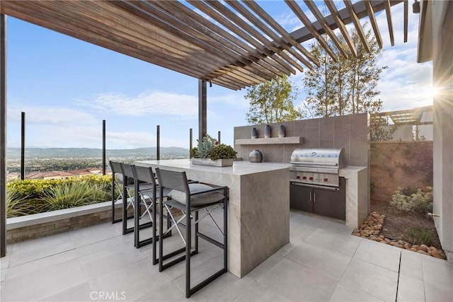 view of patio / terrace with exterior kitchen, a grill, an outdoor bar, and a pergola