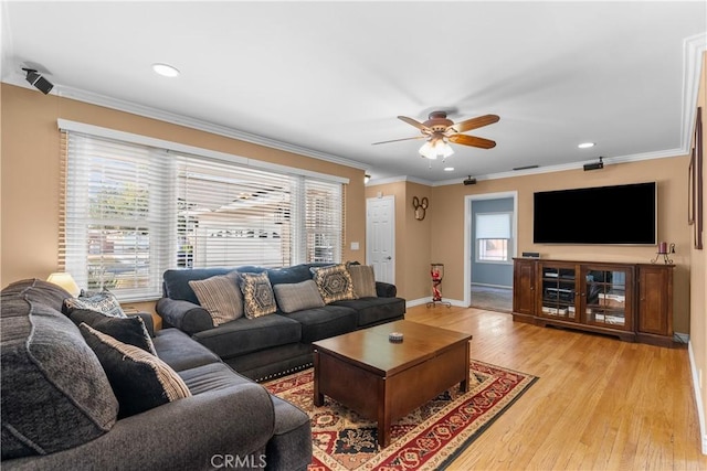 living room with crown molding, ceiling fan, and light wood-type flooring