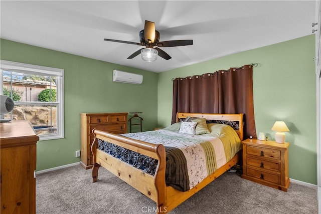 carpeted bedroom with an AC wall unit and ceiling fan