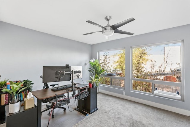 office area with carpet floors and ceiling fan