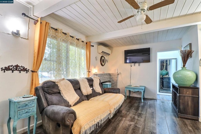 living room with dark hardwood / wood-style flooring, beam ceiling, a wall unit AC, and ceiling fan