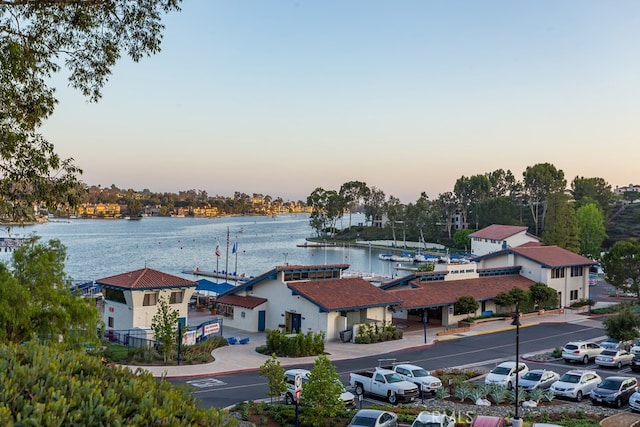 aerial view at dusk featuring a water view