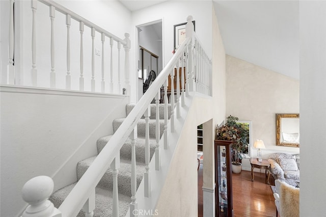 staircase with a towering ceiling and wood-type flooring