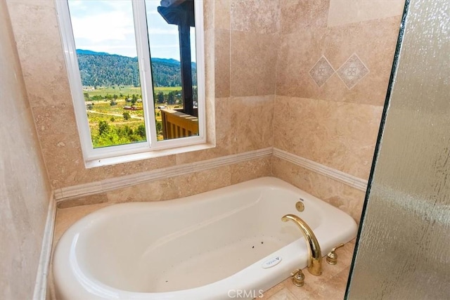 bathroom featuring a mountain view and a bathtub