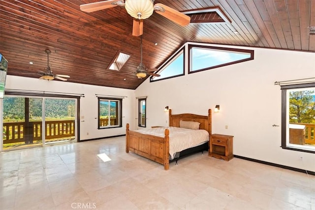 bedroom featuring wooden ceiling, access to exterior, high vaulted ceiling, and a skylight