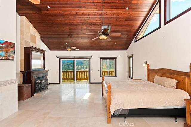 bedroom with access to exterior, wooden ceiling, high vaulted ceiling, and ceiling fan