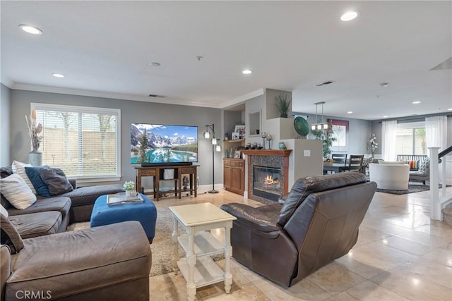 living room featuring crown molding