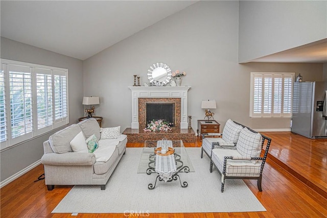 living room with hardwood / wood-style flooring, high vaulted ceiling, and a fireplace