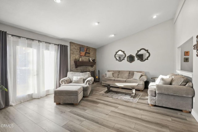 living room featuring a healthy amount of sunlight, a fireplace, and light wood-type flooring