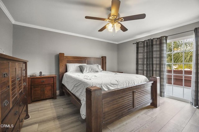 bedroom featuring light hardwood / wood-style flooring, ornamental molding, ceiling fan, and access to outside