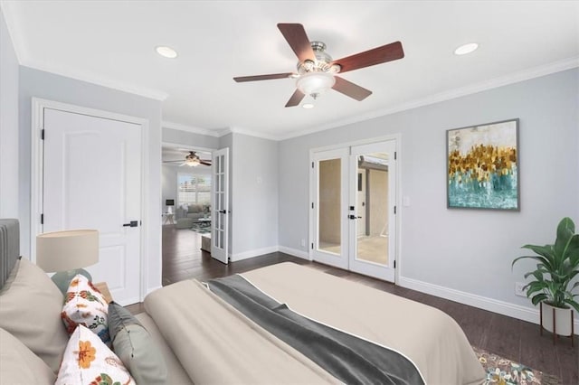 bedroom with crown molding, dark wood-type flooring, french doors, and ceiling fan