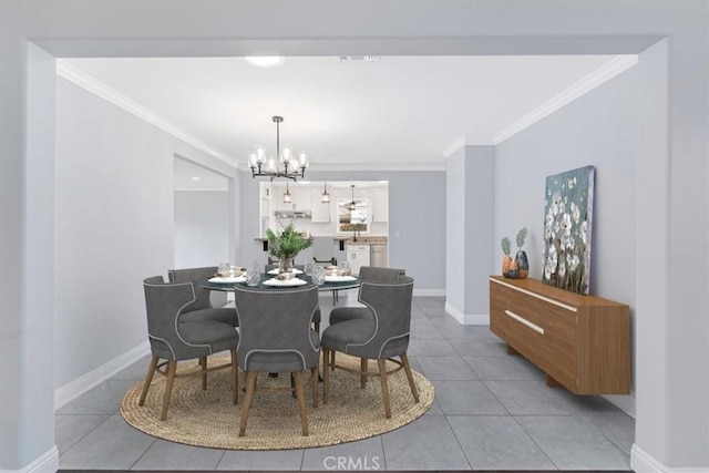 tiled dining space with crown molding and an inviting chandelier