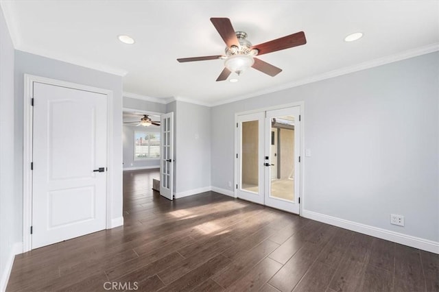 unfurnished room featuring crown molding, dark wood-type flooring, french doors, and ceiling fan