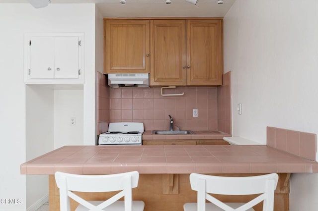 4902 Sandyland Rd Unit 244, Carpinteria, CA 93013 - kitchen featuring sink, tile countertops, a breakfast bar area, and range