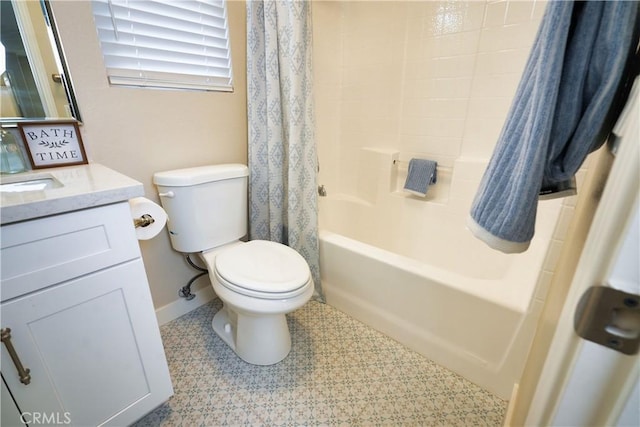 full bathroom featuring vanity, shower / bath combination with curtain, and toilet