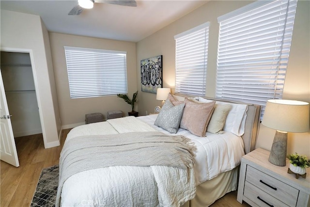 bedroom with a spacious closet, a closet, ceiling fan, and light wood-type flooring