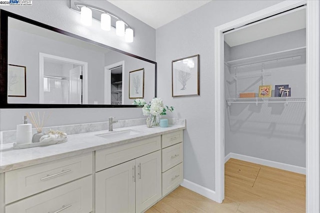 bathroom with hardwood / wood-style flooring and vanity