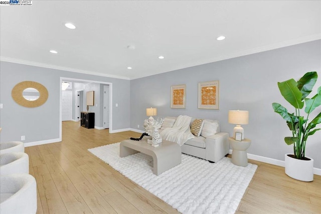 living room with ornamental molding and light hardwood / wood-style flooring