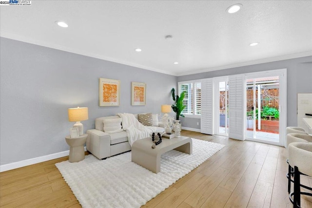 living room with ornamental molding and light hardwood / wood-style floors