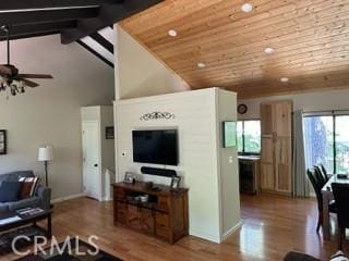 living room with wood-type flooring, wood ceiling, and high vaulted ceiling