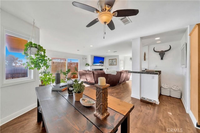 dining room with hardwood / wood-style floors and ceiling fan