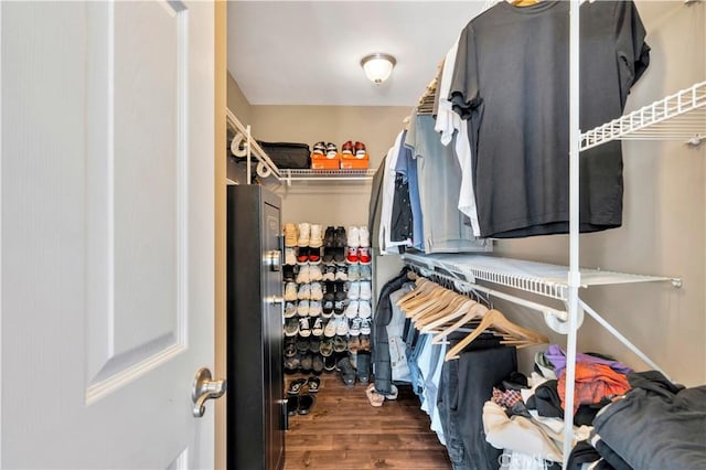 walk in closet with dark wood-type flooring