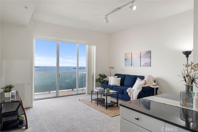 carpeted living room featuring rail lighting and a water view