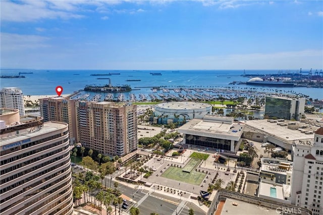 drone / aerial view with a water view