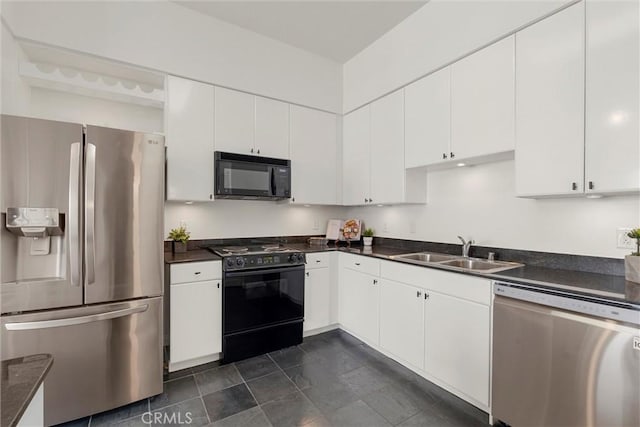 kitchen with white cabinetry, sink, and black appliances