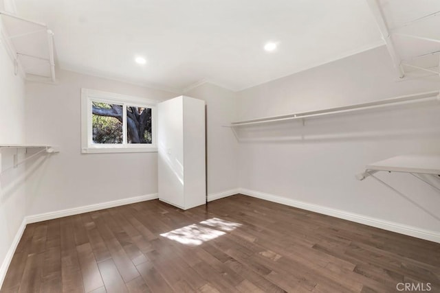 spacious closet with dark hardwood / wood-style floors